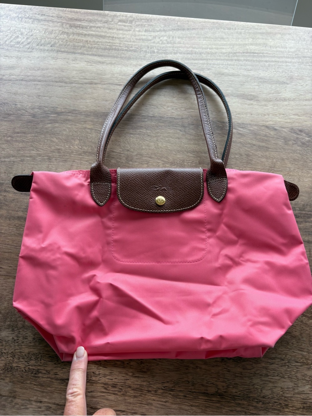 Longchamp Le Pliage Pink/Coral Nylon Tote with Brown Leather Trim - Picture 2 of 15